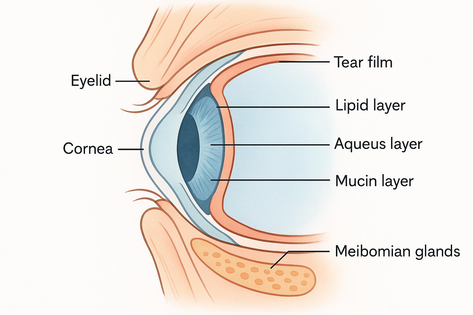 Eye anatomy showing tear film layers and meibomian glands